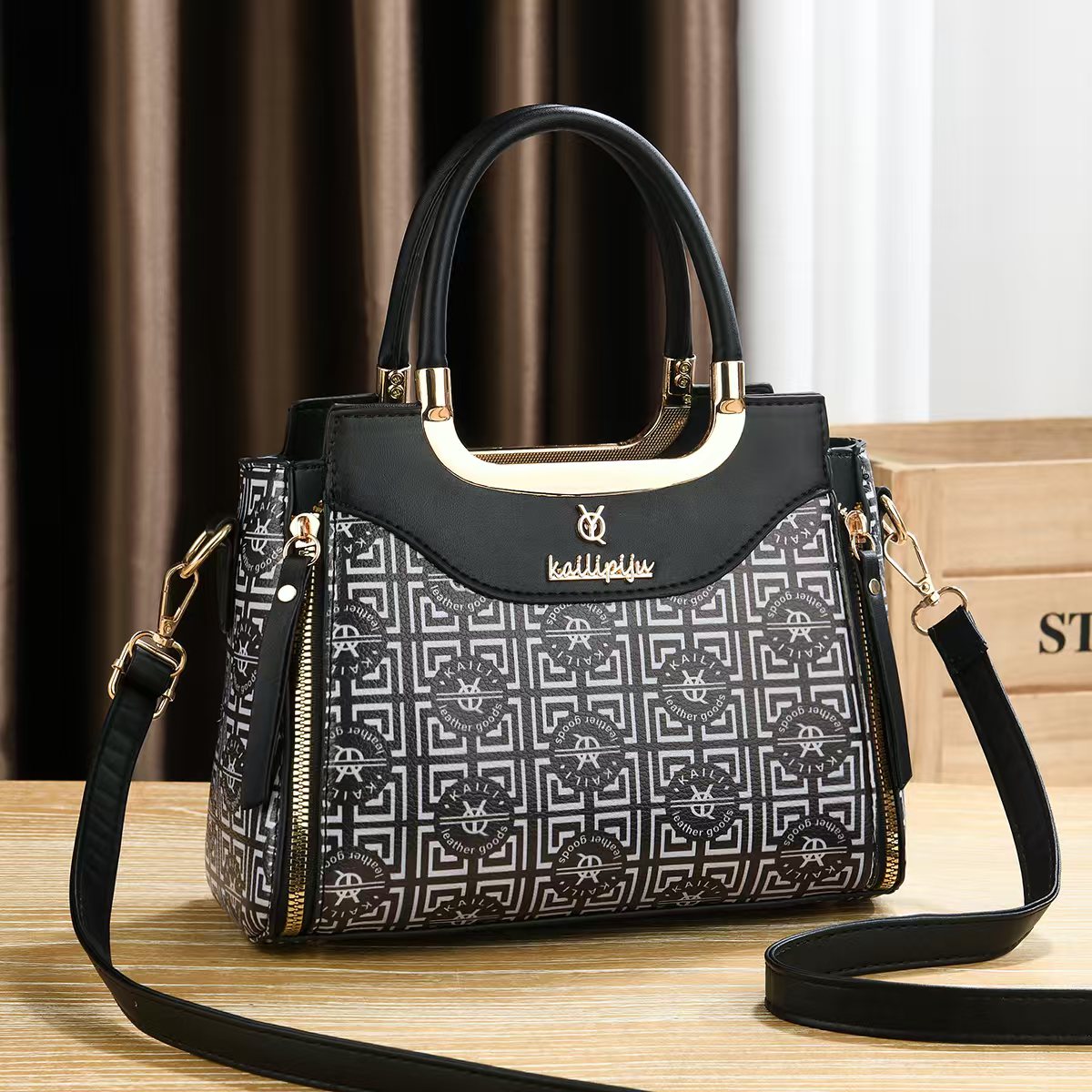 Elegant Retro Monogram Print PU Leather Handbag for Women, Top Handle Satchel with Removable Shoulder Strap, Ideal Gift for Her