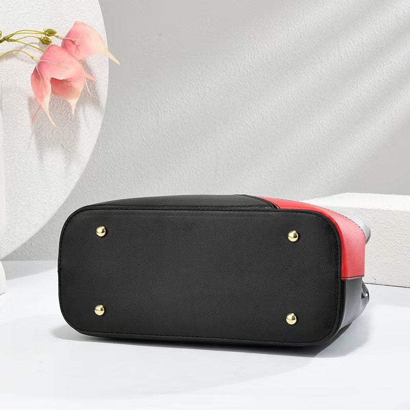 Women's Geometric Color-Block PU Leather Satchel Top-Handle Tote with Detachable Crossbody Strap