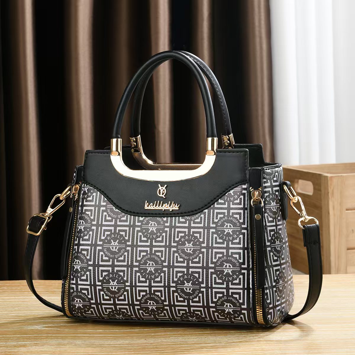 Elegant Retro Monogram Print PU Leather Handbag for Women, Top Handle Satchel with Removable Shoulder Strap, Ideal Gift for Her