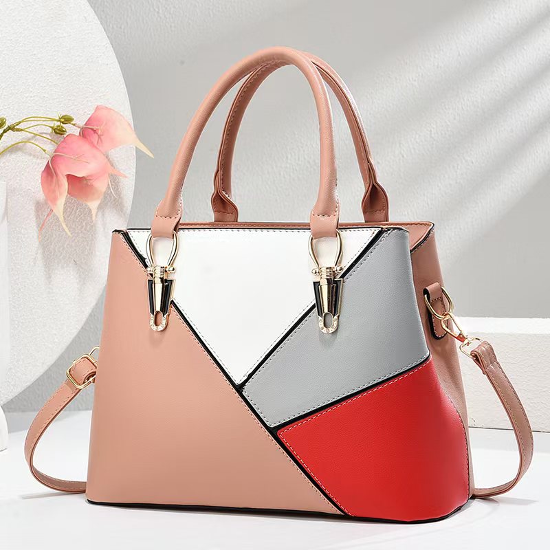 Women's Geometric Color-Block PU Leather Satchel Top-Handle Tote with Detachable Crossbody Strap