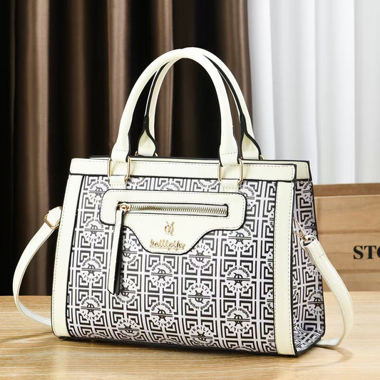 Elegant Retro Monogram Print PU Leather Handbag for Women, Top Handle Satchel with Removable Shoulder Strap, Ideal Gift