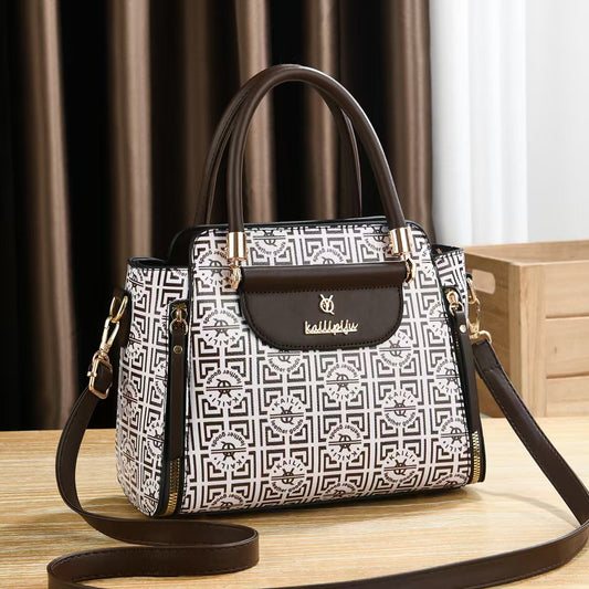 Elegant Retro Monogram Print PU Leather Handbag for Women, Top Handle Satchel with Removable Shoulder Strap, Ideal Gift