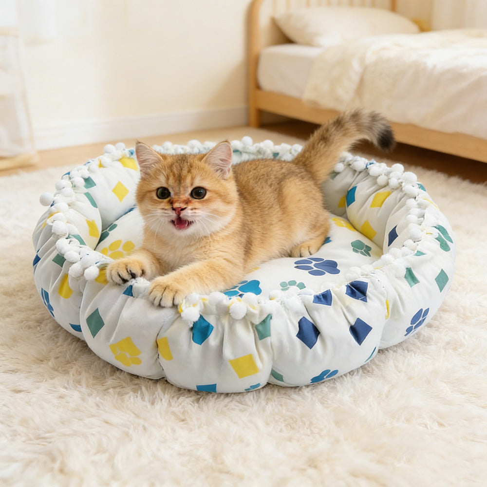 Drawstring Pompom Lace Digital Print Pet Bed