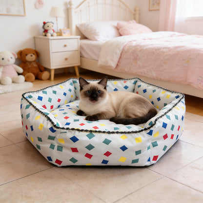 Colorful Block Print Hexagonal Pet Bed, All-Season High-Security Cat and Dog Bed