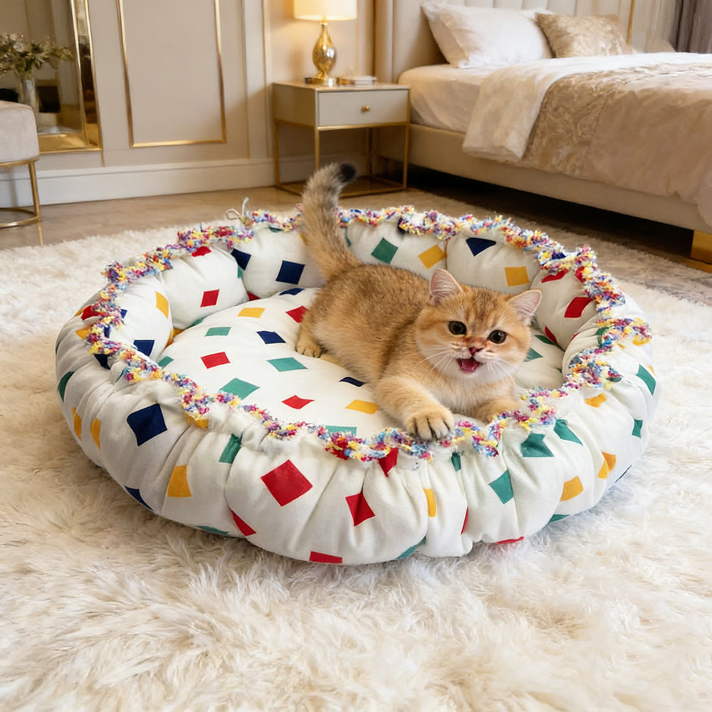 Colorful Block Print Drawstring Round Pet Nest, Rainbow Fringed Dual-Use Pet Bed
