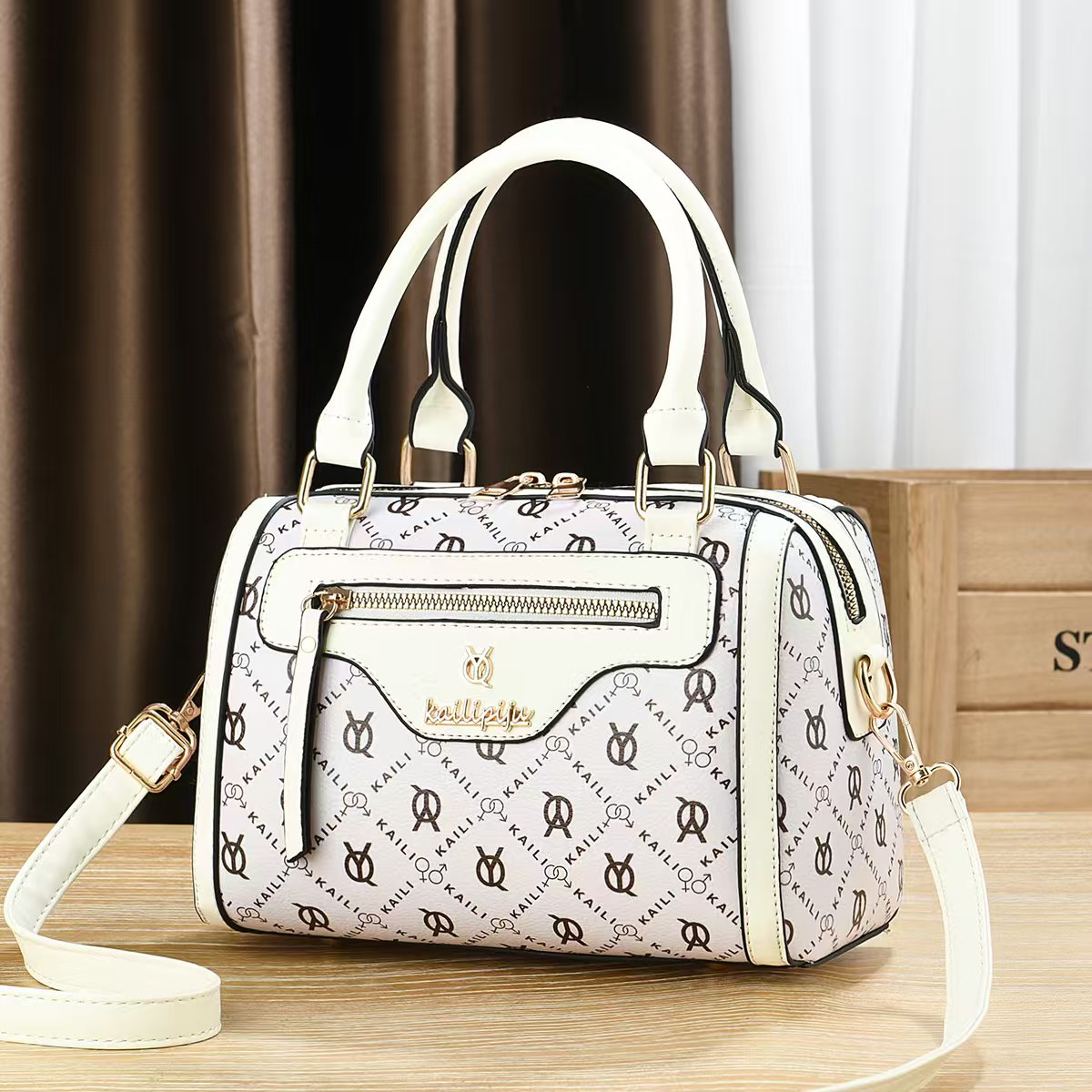 Elegant Retro Monogram Print PU Leather Handbag for Women, Top Handle Satchel with Removable Shoulder Strap, Ideal Gift