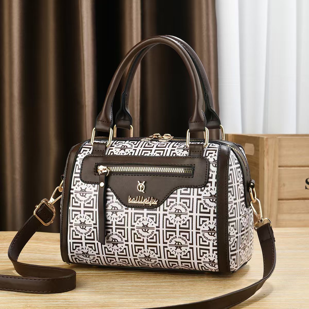Elegant Retro Monogram Print PU Leather Handbag for Women, Top Handle Satchel with Removable Shoulder Strap, Ideal Gift