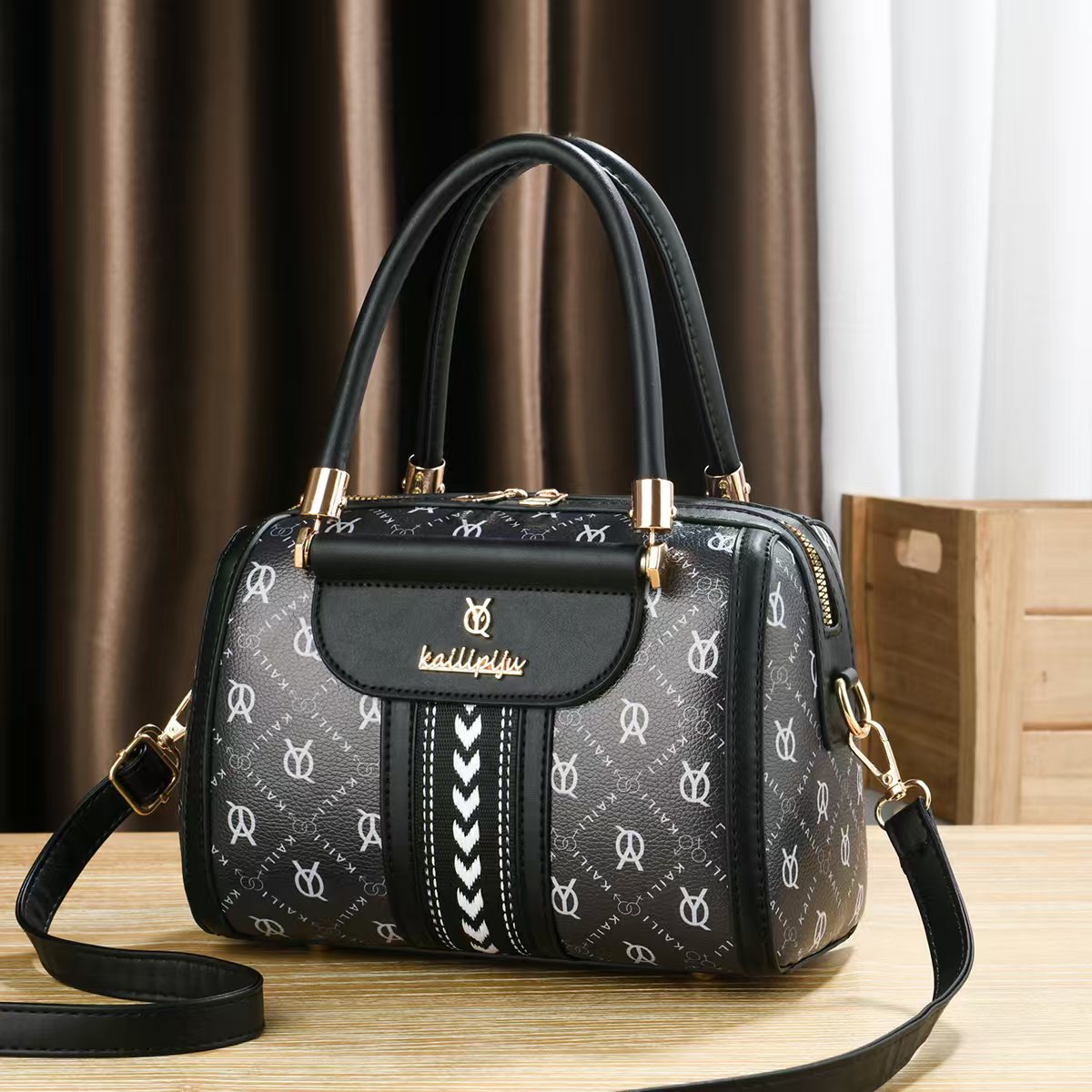 Elegant Retro Monogram Print PU Leather Handbag for Women, Top Handle Satchel with Removable Shoulder Strap, Ideal Gift