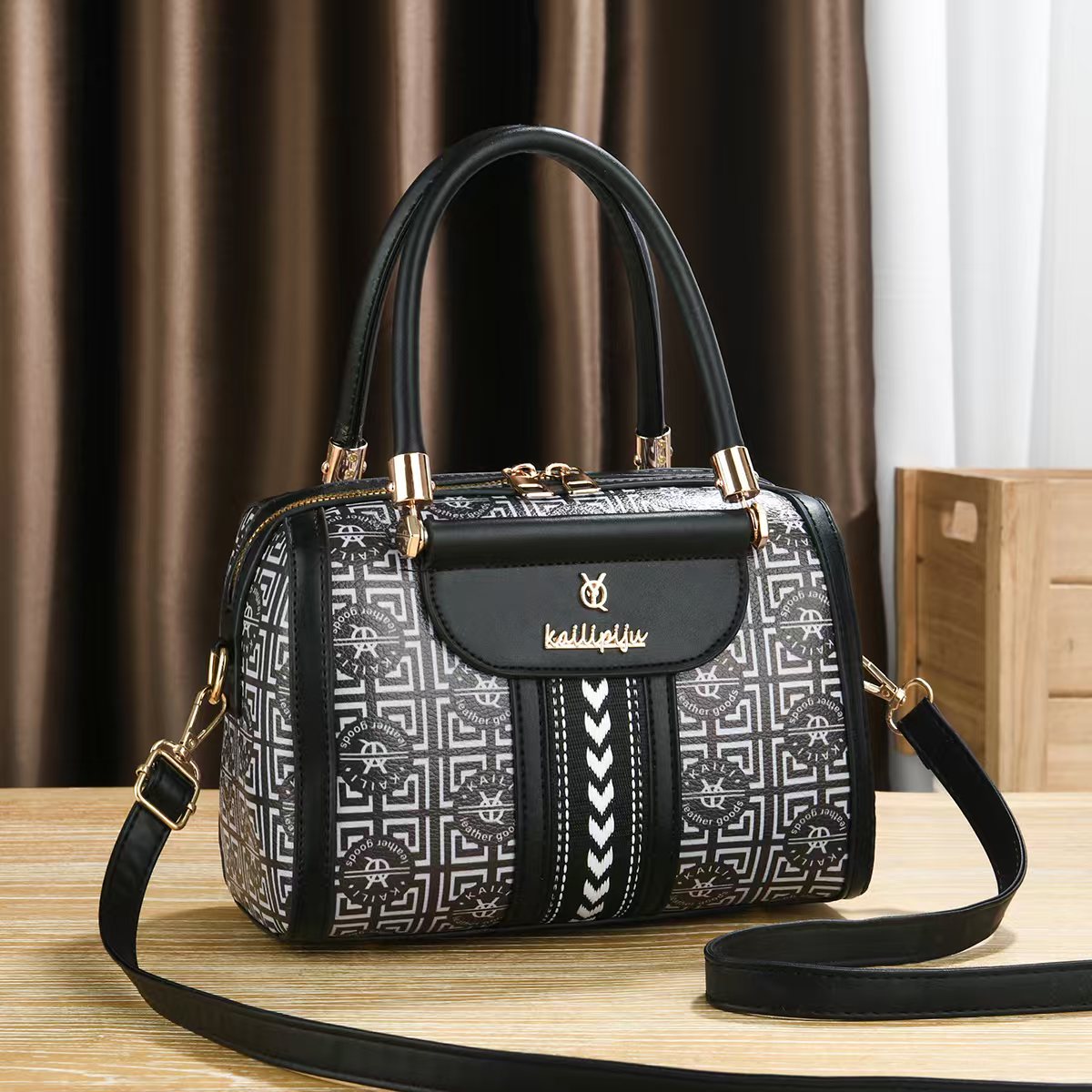 Elegant Retro Monogram Print PU Leather Handbag for Women, Top Handle Satchel with Removable Shoulder Strap, Ideal Gift