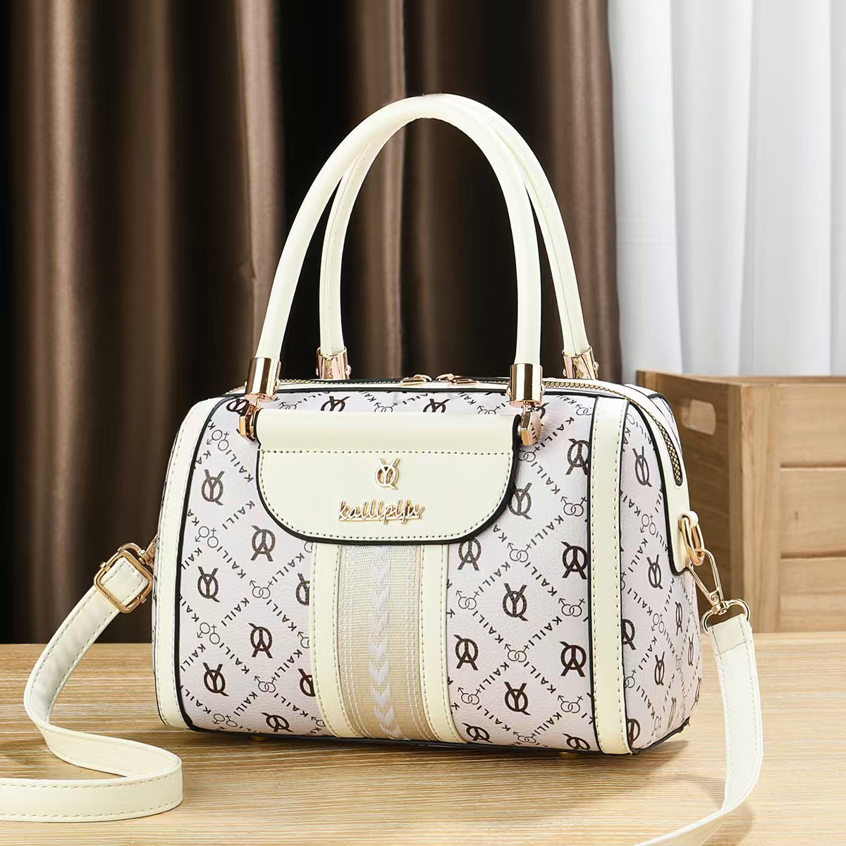 Elegant Retro Monogram Print PU Leather Handbag for Women, Top Handle Satchel with Removable Shoulder Strap, Ideal Gift