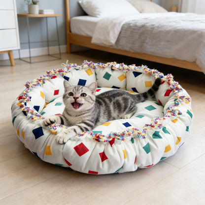 Colorful Block Print Drawstring Round Pet Nest, Rainbow Fringed Dual-Use Pet Bed