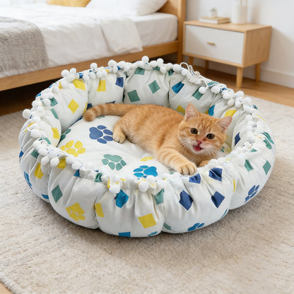 Drawstring Pompom Lace Digital Print Pet Bed
