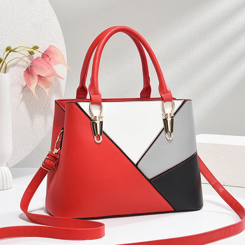 Women's Geometric Color-Block PU Leather Satchel Top-Handle Tote with Detachable Crossbody Strap