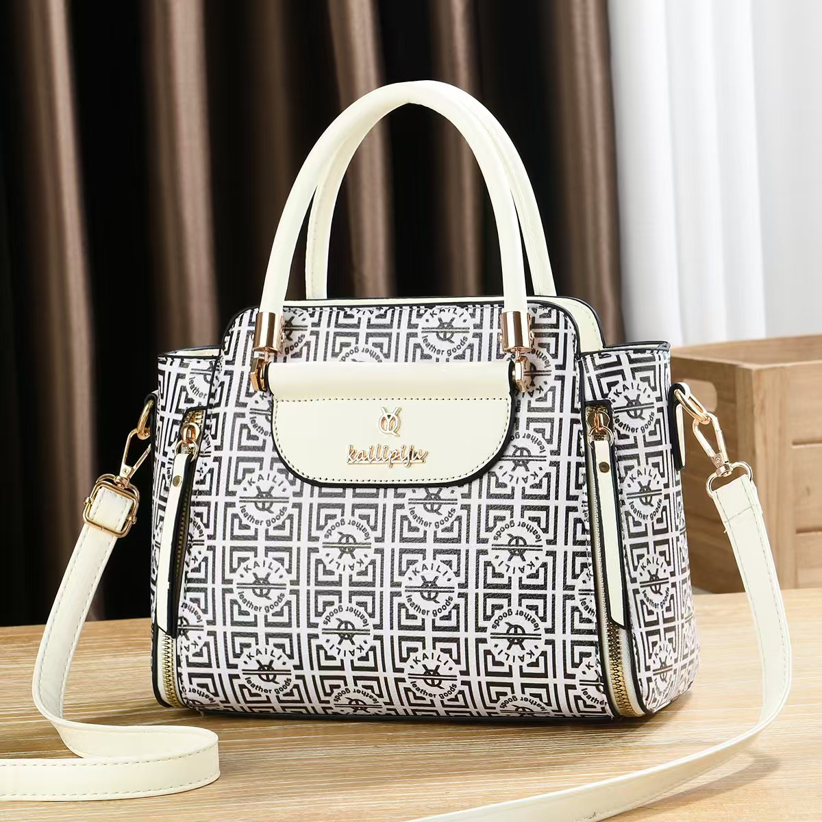 Elegant Retro Monogram Print PU Leather Handbag for Women, Top Handle Satchel with Removable Shoulder Strap, Ideal Gift