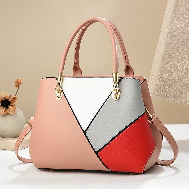 Women's Geometric Color-Block PU Leather Satchel Top Handle Tote with Detachable Crossbody Strap