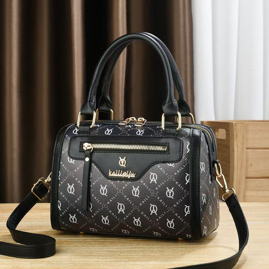 Elegant Retro Monogram Print PU Leather Handbag for Women, Top Handle Satchel with Removable Shoulder Strap, Ideal Gift