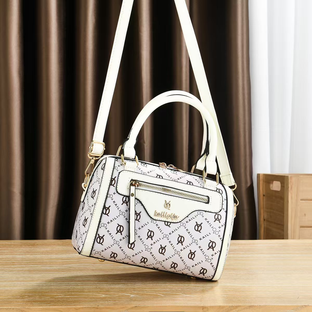 Elegant Retro Monogram Print PU Leather Handbag for Women, Top Handle Satchel with Removable Shoulder Strap, Ideal Gift