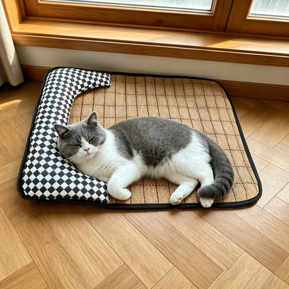 This checkerboard summer cat bed is so comfy for lying flat!