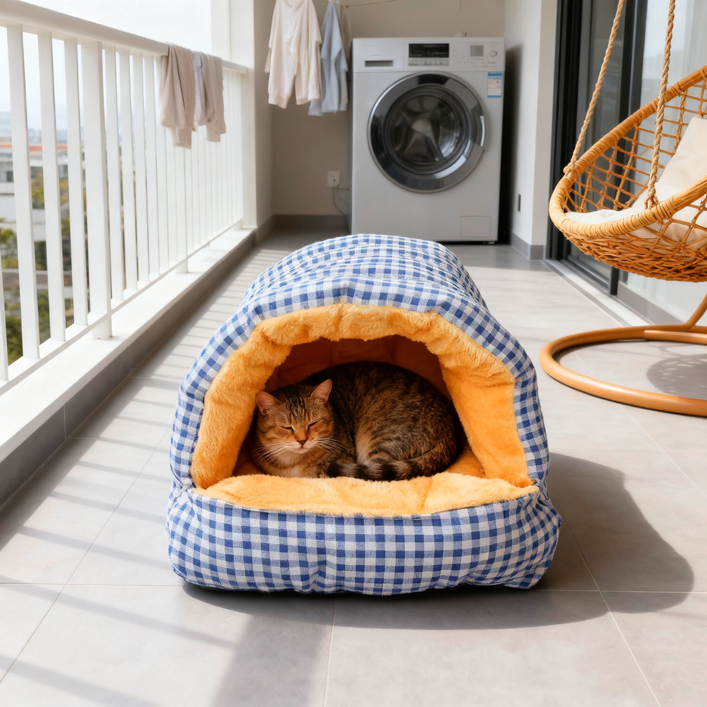 Plaid Enclosed Cat Bed, Thickened Warm Tunnel Cat Bed for Autumn and Winter