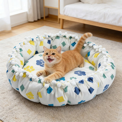 Drawstring Pompom Lace Digital Print Pet Bed