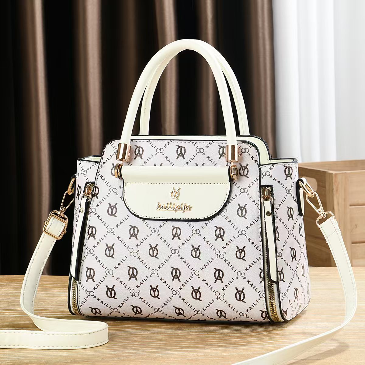Elegant Retro Monogram Print PU Leather Handbag for Women, Top Handle Satchel with Removable Shoulder Strap, Ideal Gift