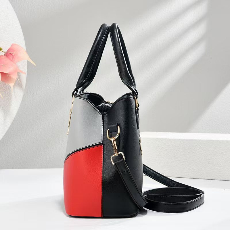 Women's Geometric Color-Block PU Leather Satchel Top-Handle Tote with Detachable Crossbody Strap