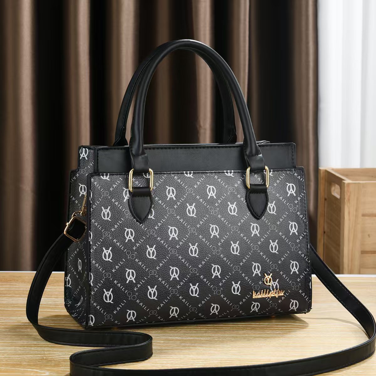 Women Vintage Monogram Print Top Handle Handbag, PU Leather Structured Tote Purse with Removable Shoulder Strap, Multi Pocket Crossbody Bag for Work Daily