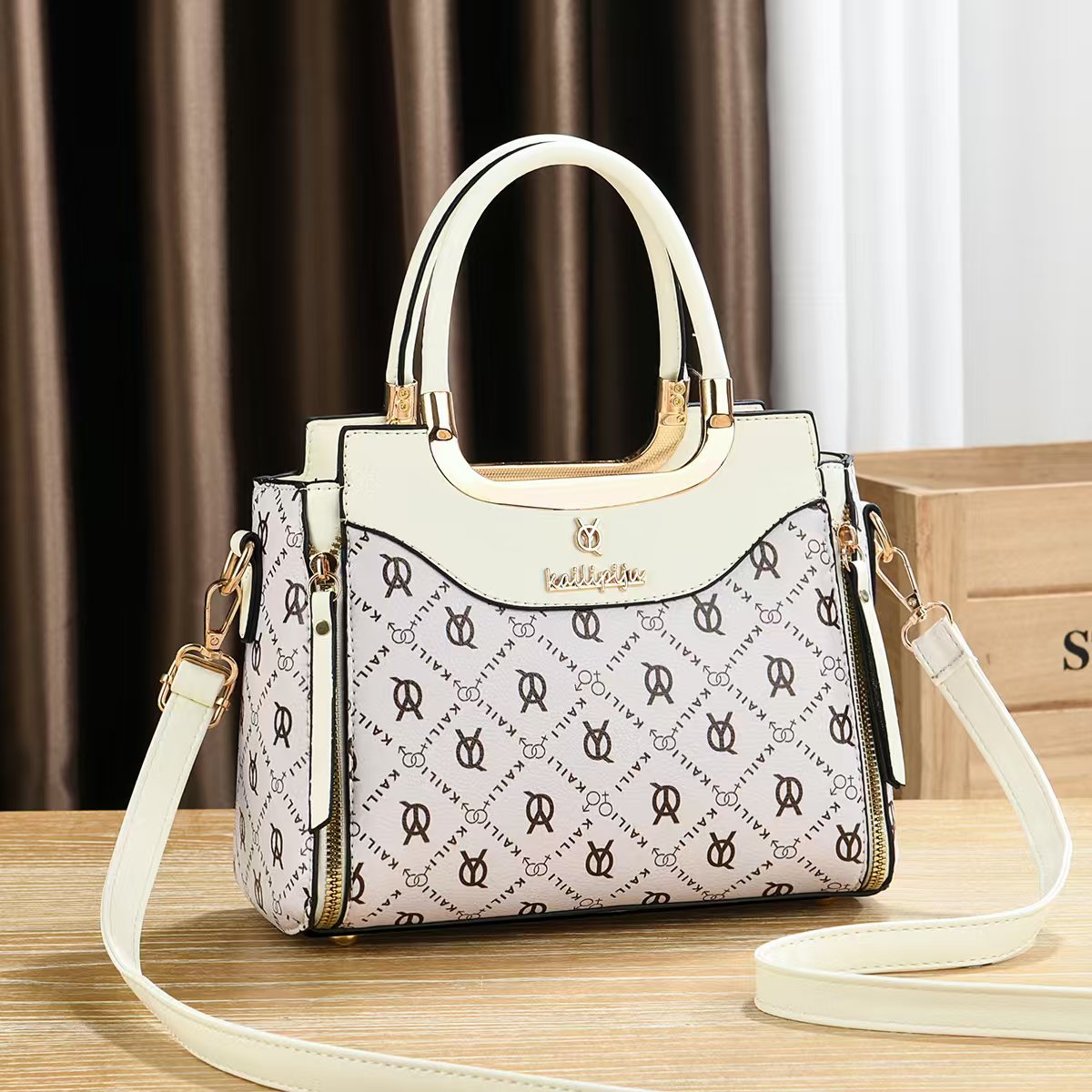 Elegant Retro Monogram Print PU Leather Handbag for Women, Top Handle Satchel with Removable Shoulder Strap, Ideal Gift for Her