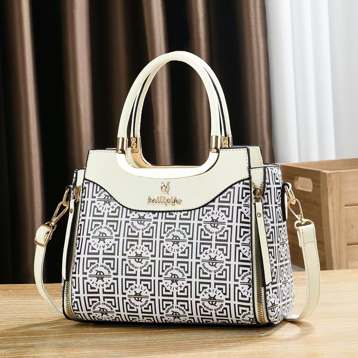 Elegant Retro Monogram Print PU Leather Handbag for Women, Top Handle Satchel with Removable Shoulder Strap, Ideal Gift for Her