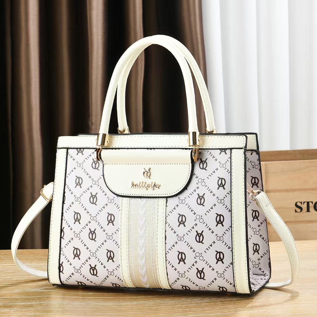 Elegant Retro Monogram Print PU Leather Handbag for Women, Top Handle Satchel with Removable Shoulder Strap, Ideal Gift