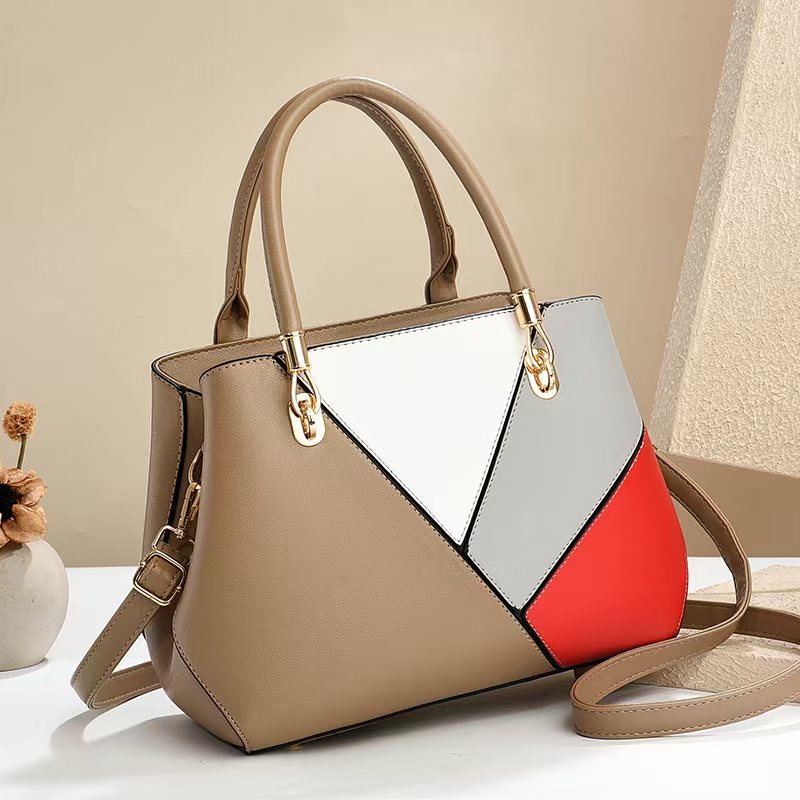 Women's Geometric Color-Block PU Leather Satchel Top Handle Tote with Detachable Crossbody Strap