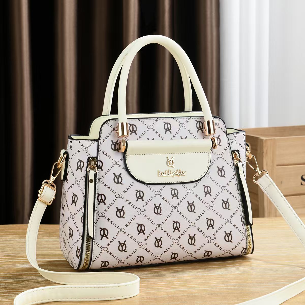 Elegant Retro Monogram Print PU Leather Handbag for Women, Top Handle Satchel with Removable Shoulder Strap, Ideal Gift