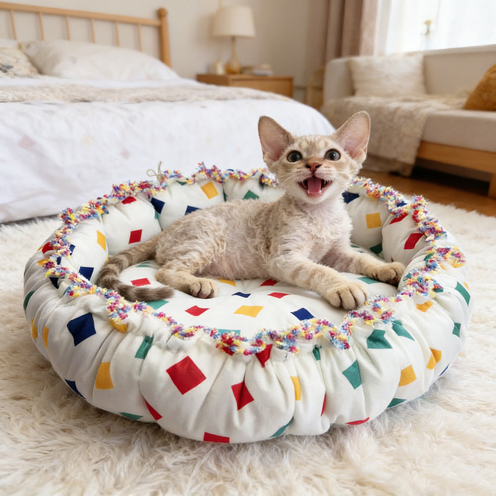 Colorful Block Print Drawstring Round Pet Nest, Rainbow Fringed Dual-Use Pet Bed