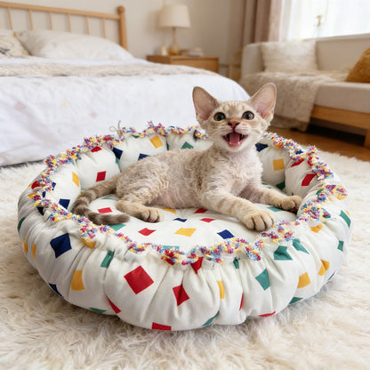 Colorful Block Print Drawstring Round Pet Nest, Rainbow Fringed Dual-Use Pet Bed