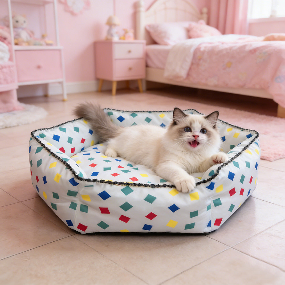 Colorful Block Print Hexagonal Pet Bed, All-Season High-Security Cat and Dog Bed