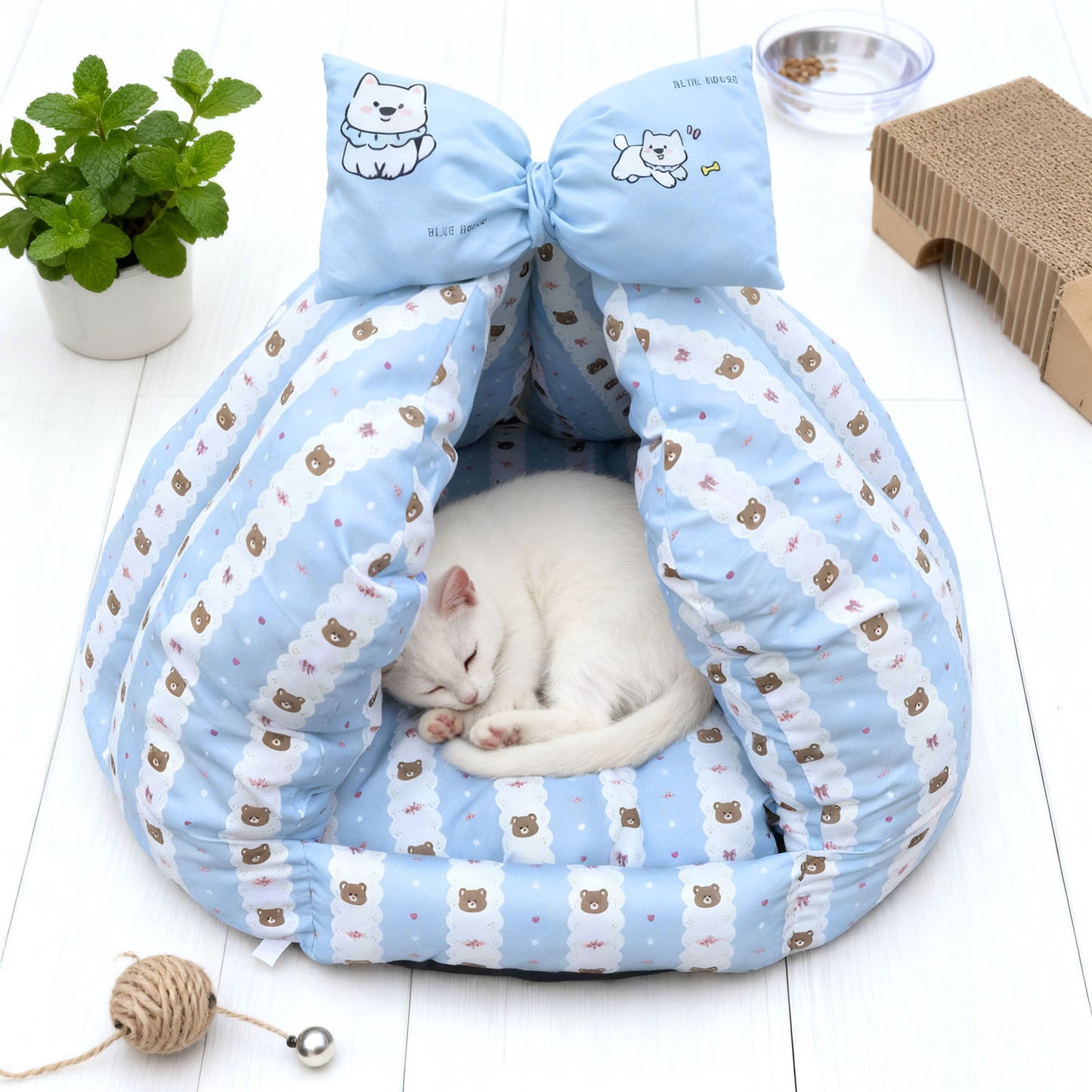 Bowknot Love Digital Print Pet Bed, Enclosed Warm Pet Bed for All Seasons