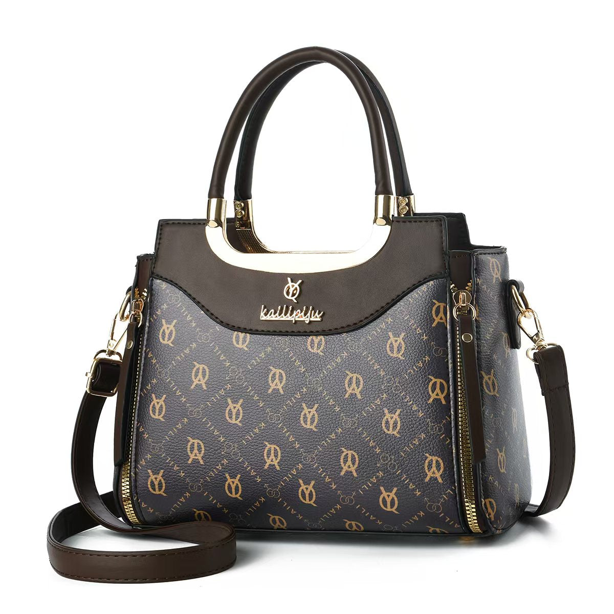 Elegant Retro Monogram Print PU Leather Handbag for Women, Top Handle Satchel with Removable Shoulder Strap, Ideal Gift for Her
