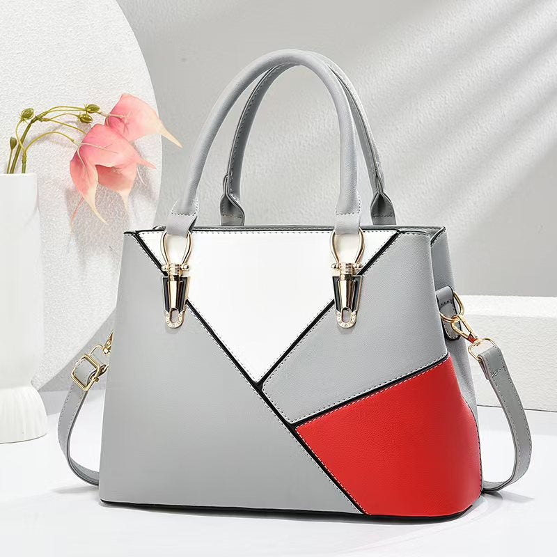 Women's Geometric Color-Block PU Leather Satchel Top-Handle Tote with Detachable Crossbody Strap
