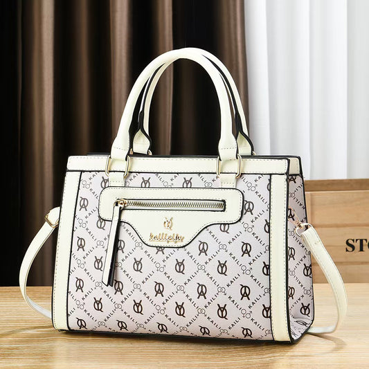 Elegant Retro Monogram Print PU Leather Handbag for Women, Top Handle Satchel with Removable Shoulder Strap, Ideal Gift