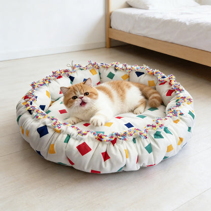 Colorful Block Print Drawstring Round Pet Nest, Rainbow Fringed Dual-Use Pet Bed