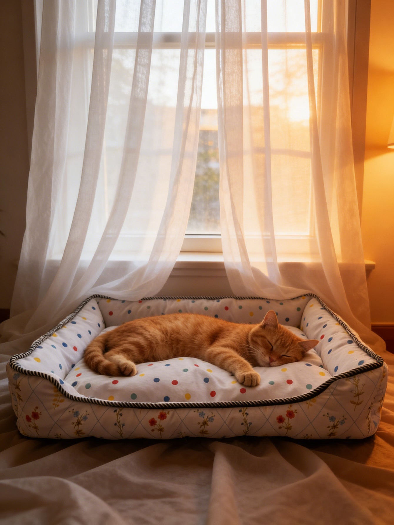 Polka Dot Floral Square Pet Bed, All-Season Soft Dog and Cat Bed