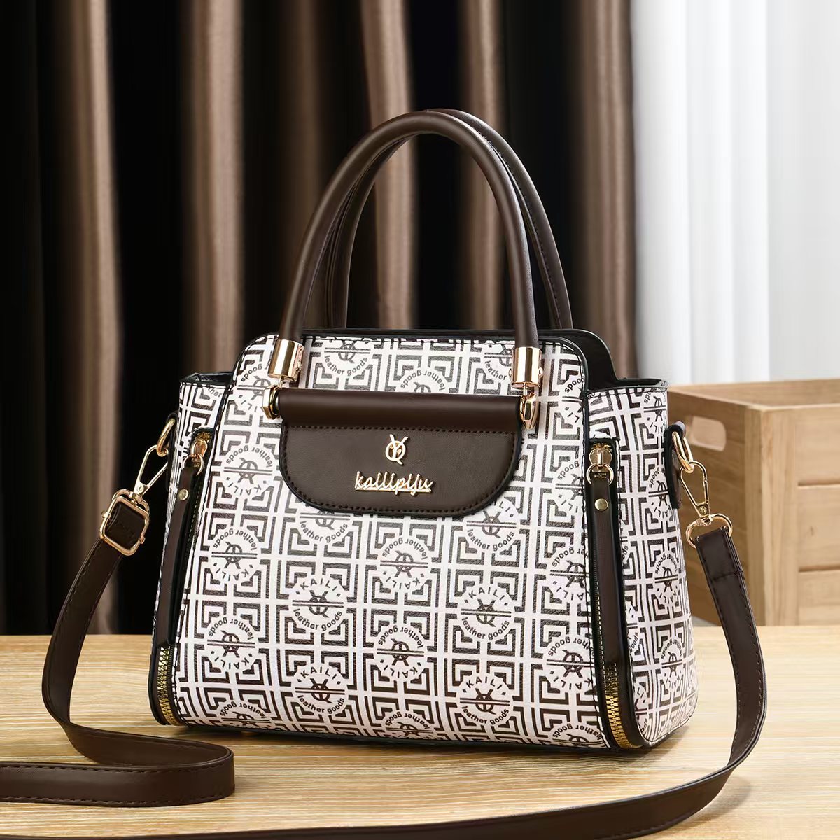 Elegant Retro Monogram Print PU Leather Handbag for Women, Top Handle Satchel with Removable Shoulder Strap, Ideal Gift