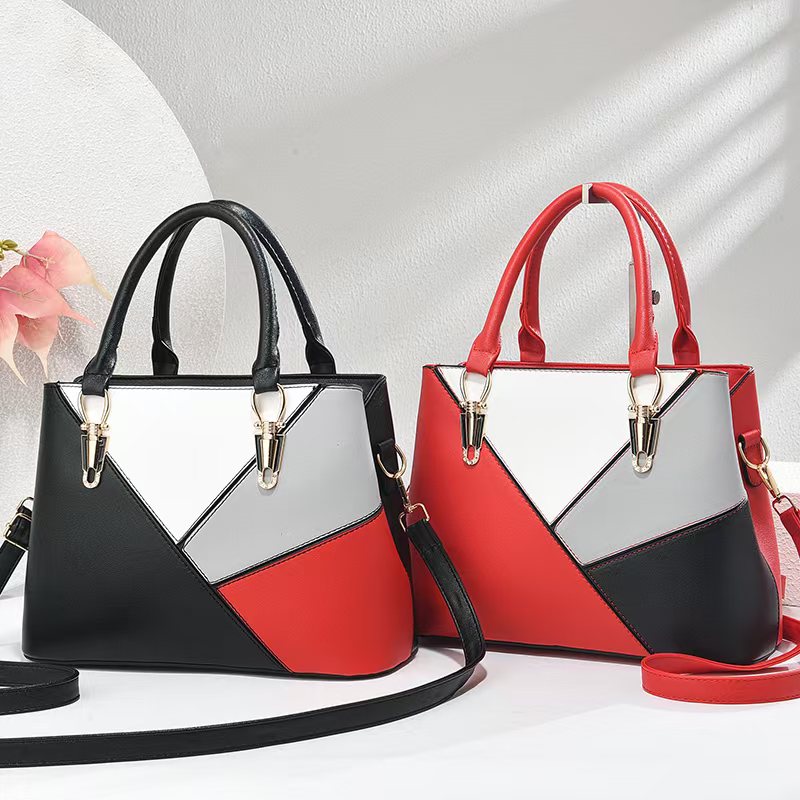 Women's Geometric Color-Block PU Leather Satchel Top-Handle Tote with Detachable Crossbody Strap