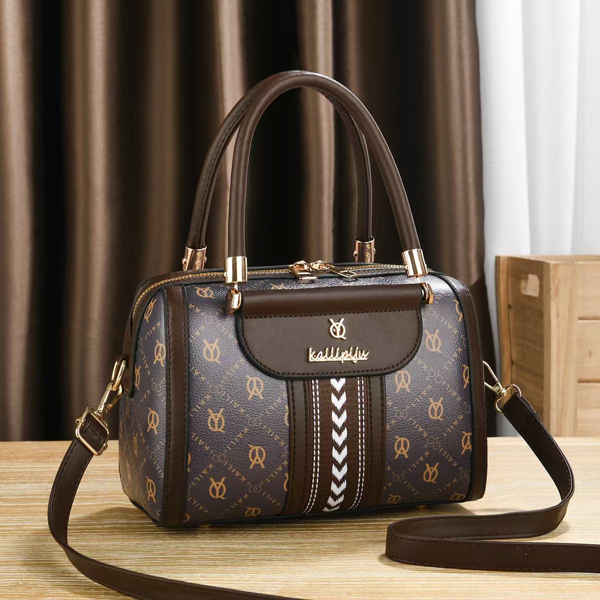 Elegant Retro Monogram Print PU Leather Handbag for Women, Top Handle Satchel with Removable Shoulder Strap, Ideal Gift