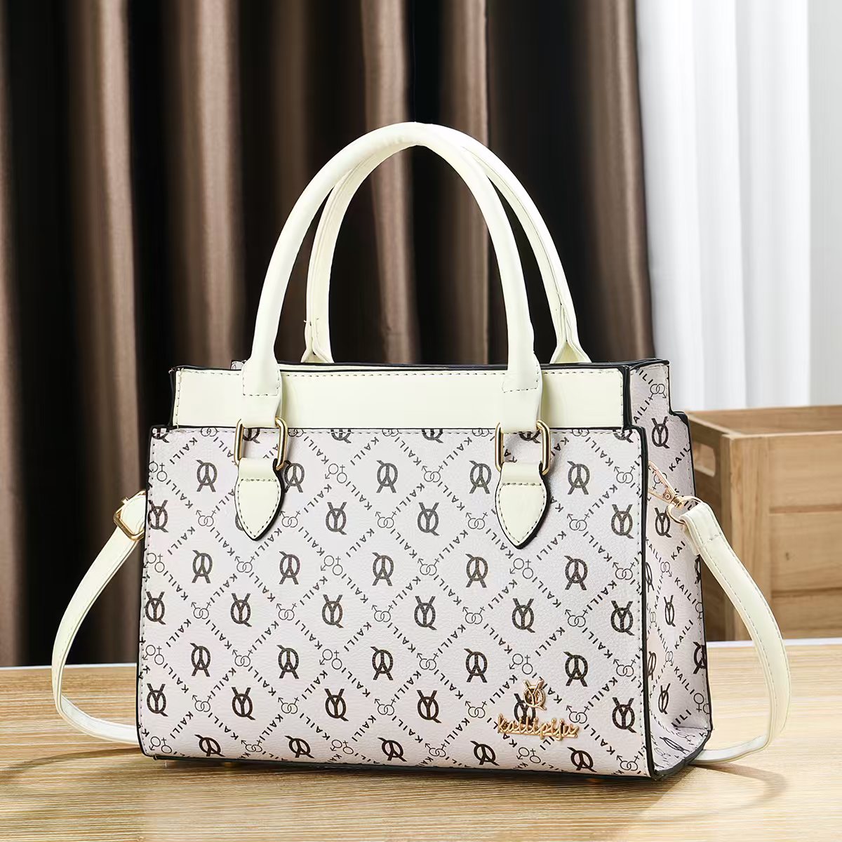 Women Vintage Monogram Print Top Handle Handbag, PU Leather Structured Tote Purse with Removable Shoulder Strap, Multi Pocket Crossbody Bag for Work Daily