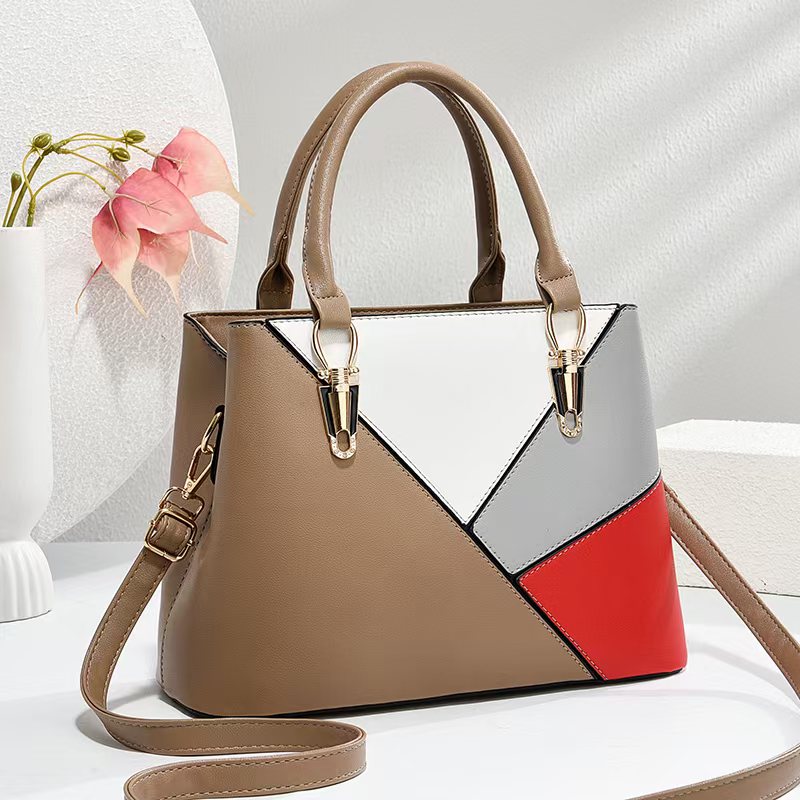 Women's Geometric Color-Block PU Leather Satchel Top-Handle Tote with Detachable Crossbody Strap