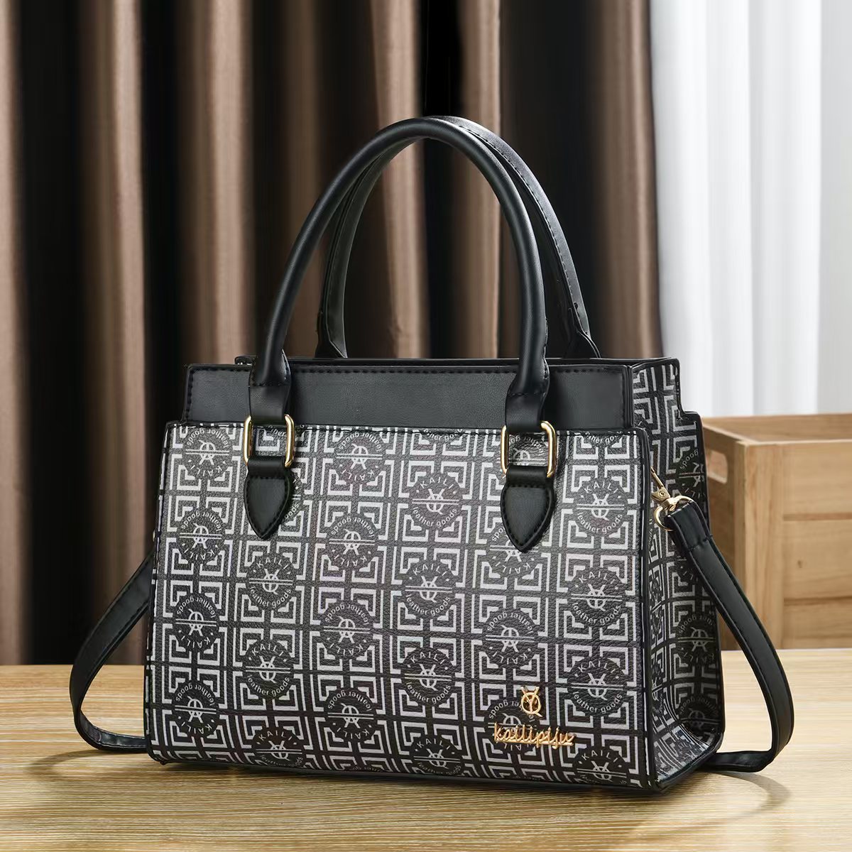 Women Vintage Monogram Print Top Handle Handbag, PU Leather Structured Tote Purse with Removable Shoulder Strap, Multi Pocket Crossbody Bag for Work Daily