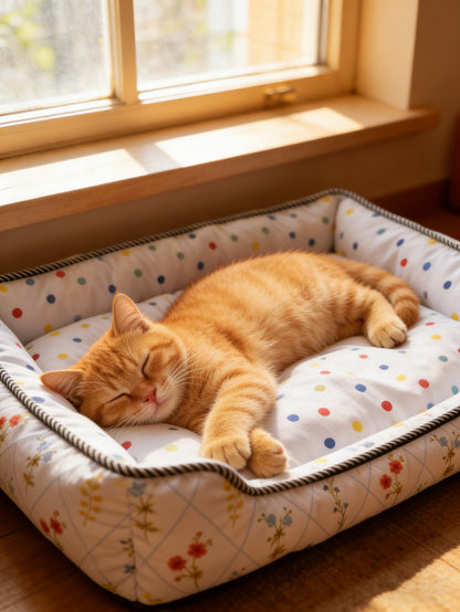 Polka Dot Floral Square Pet Bed, All-Season Soft Dog and Cat Bed