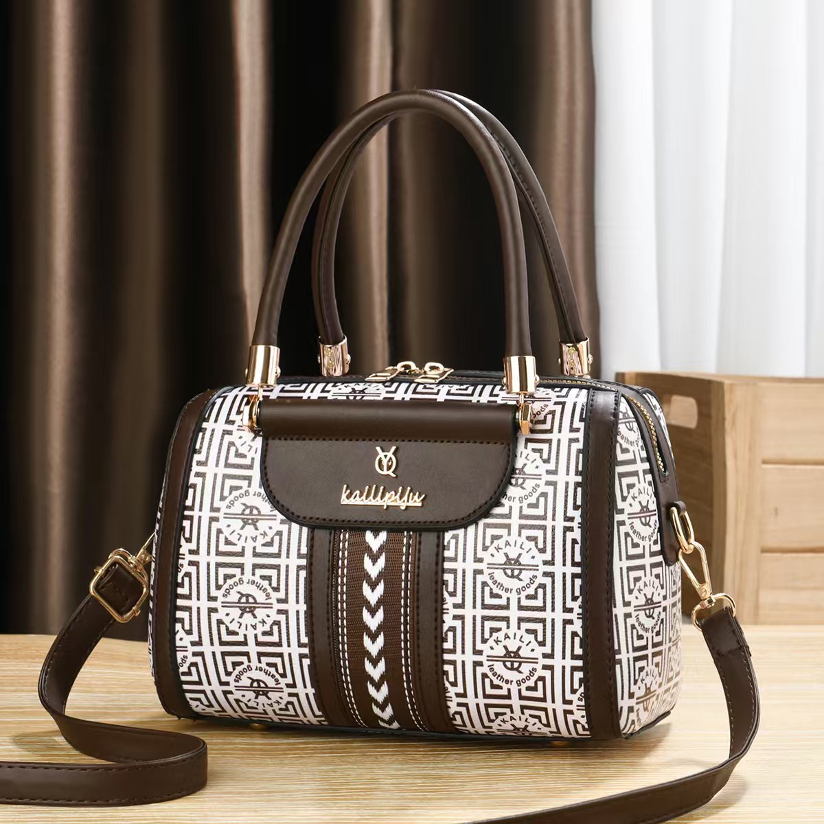 Elegant Retro Monogram Print PU Leather Handbag for Women, Top Handle Satchel with Removable Shoulder Strap, Ideal Gift