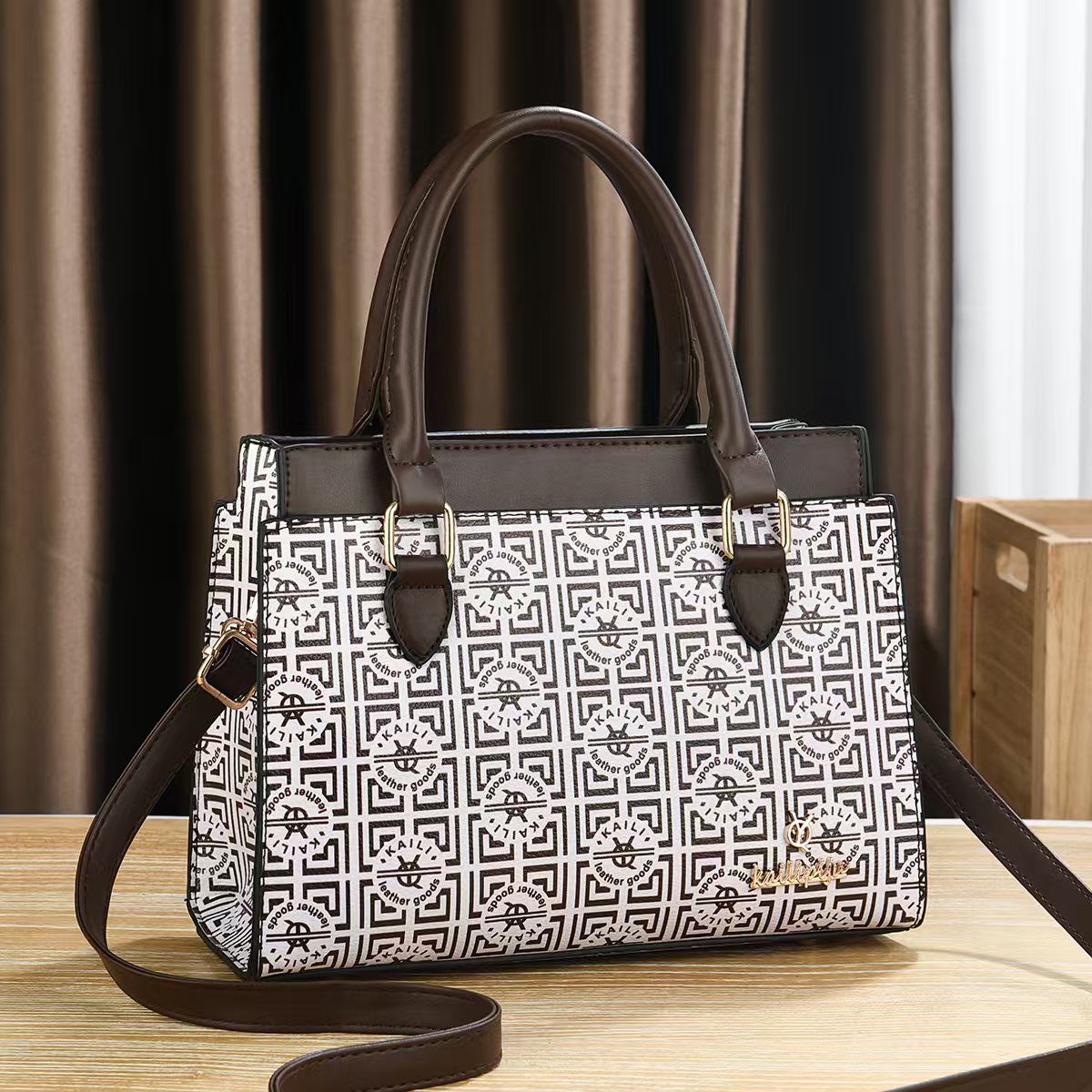Women Vintage Monogram Print Top Handle Handbag, PU Leather Structured Tote Purse with Removable Shoulder Strap, Multi Pocket Crossbody Bag for Work Daily